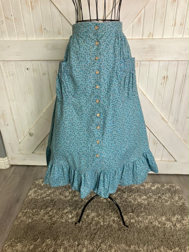 70's Vintage Gunne Sax Jessica's Gunnies Teal Blue Calico Prairie Big Pocket Midi Skirt 11