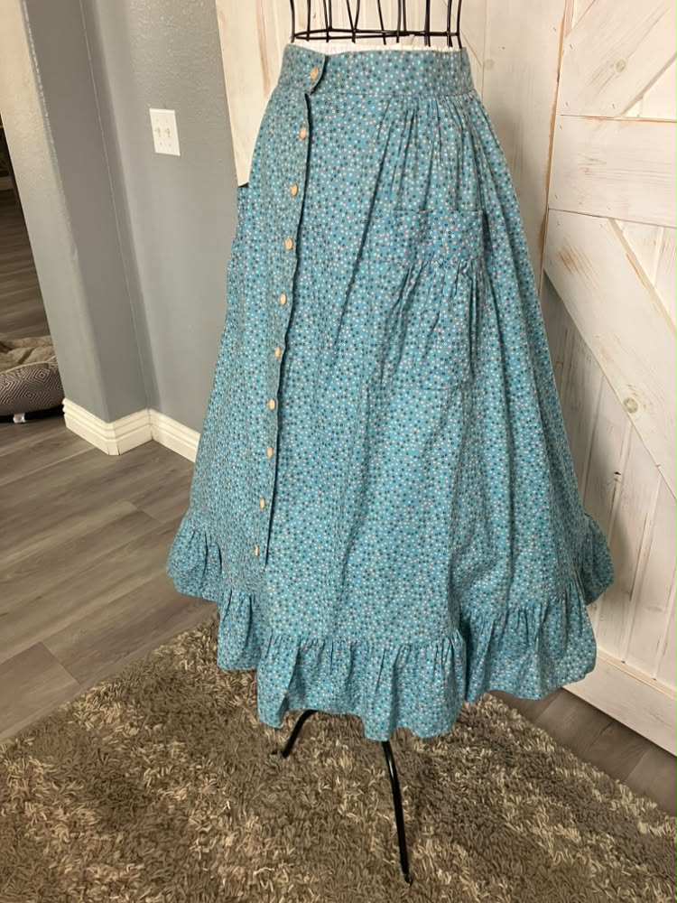 70's Vintage Gunne Sax Jessica's Gunnies Teal Blue Calico Prairie Big Pocket Midi Skirt 11
