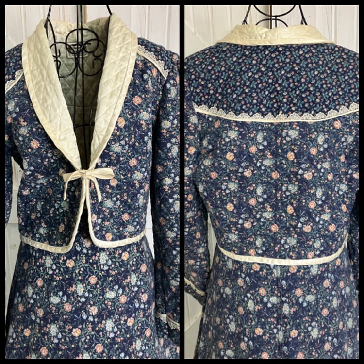 70's Vintage Gunne Sax Jessica's Gunnies Blue Bird Print Calico Prairie Midi Set + Quilted Jacket Set 13