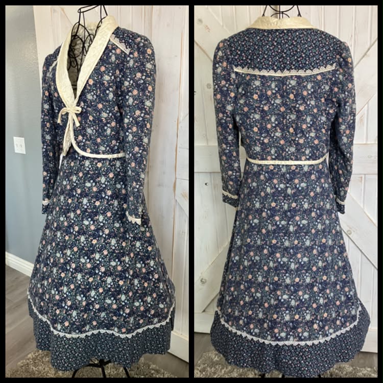 70's Vintage Gunne Sax Jessica's Gunnies Blue Bird Print Calico Prairie Midi Set + Quilted Jacket Set 13