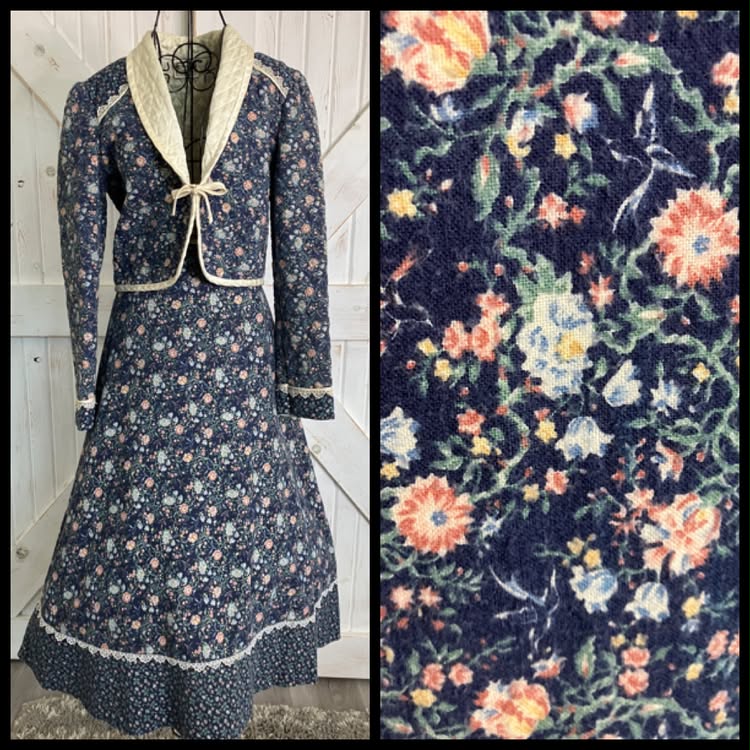 70's Vintage Gunne Sax Jessica's Gunnies Blue Bird Print Calico Prairie Midi Set + Quilted Jacket Set 13