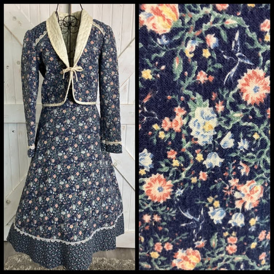 70's Vintage Gunne Sax Jessica's Gunnies Blue Bird Print Calico Prairie Midi Set + Quilted Jacket Set 13