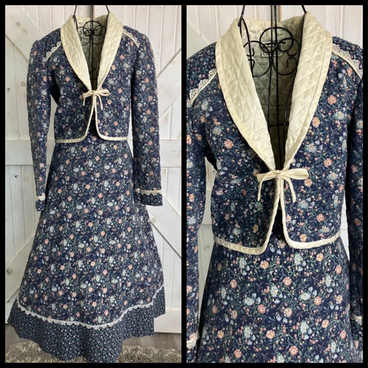 70's Vintage Gunne Sax Jessica's Gunnies Blue Bird Print Calico Prairie Midi Set + Quilted Jacket Set 13