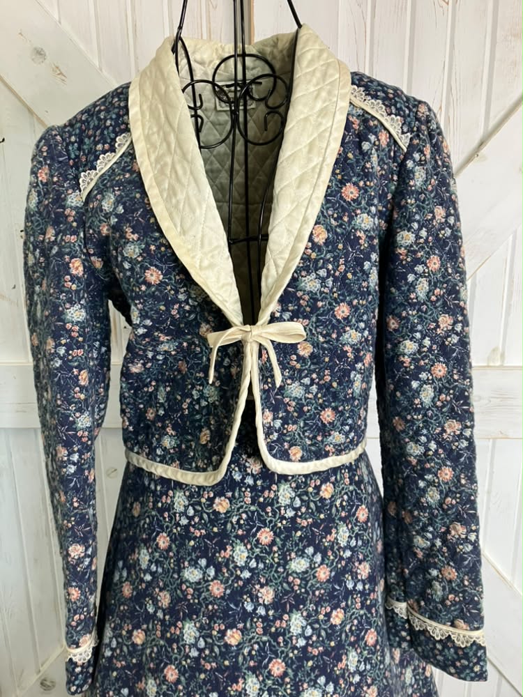 70's Vintage Gunne Sax Jessica's Gunnies Blue Bird Print Calico Prairie Midi Set + Quilted Jacket Set 13