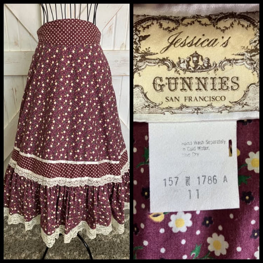 70's Vintage Gunne Sax Jessica's Gunnies Purple Mauve White Green Calico Daisy Prairie Midi Skirt 11