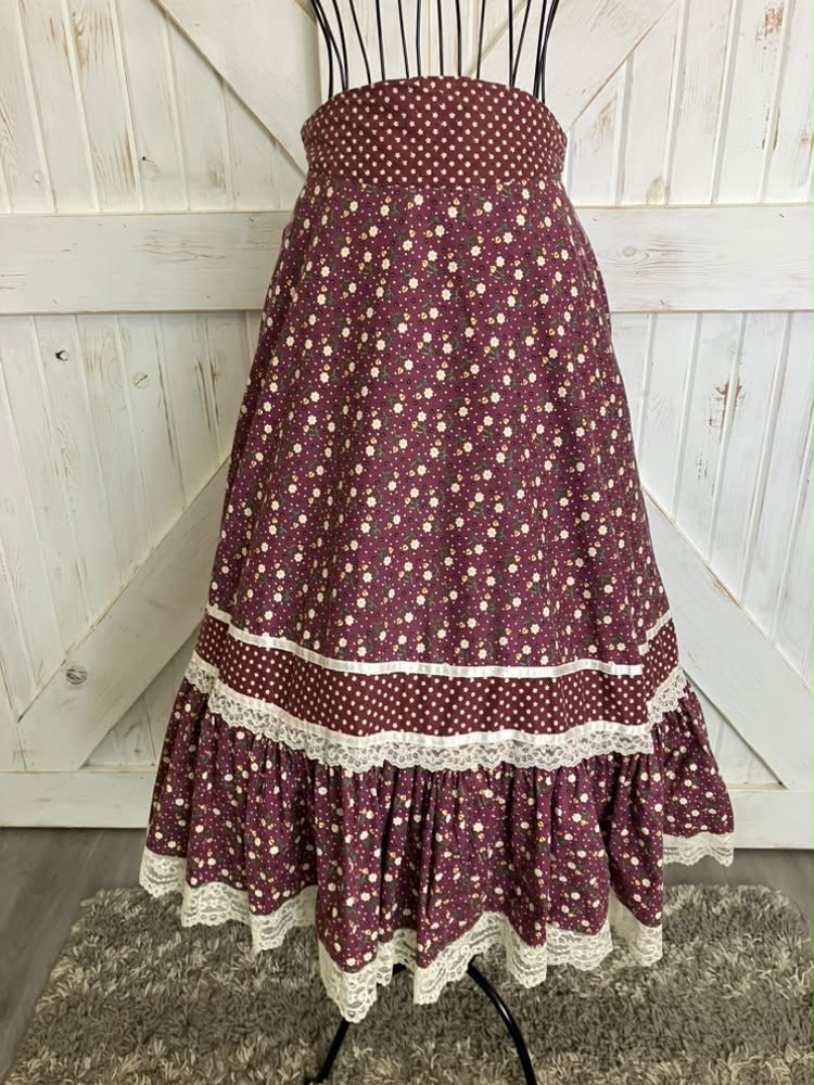70's Vintage Gunne Sax Jessica's Gunnies Purple Mauve White Green Calico Daisy Prairie Midi Skirt 11