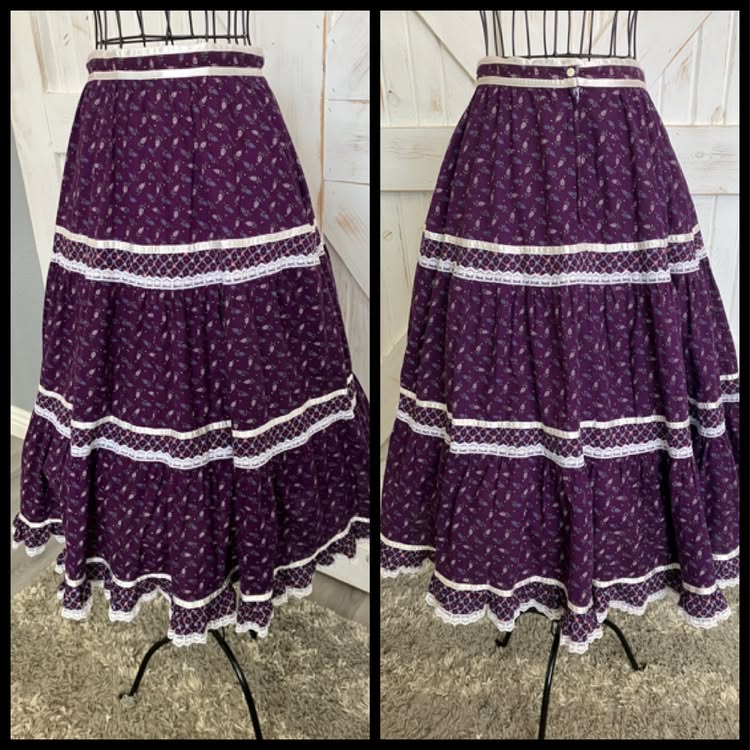 70's Vintage Gunne Sax Jessica's Gunnies Purple Blue Green Leaf Calico Prairie Midi Skirt