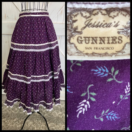 70's Vintage Gunne Sax Jessica's Gunnies Purple Blue Green Leaf Calico Prairie Midi Skirt