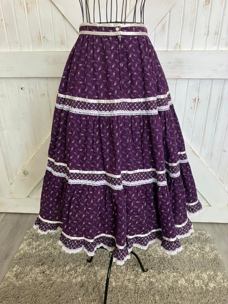 70's Vintage Gunne Sax Jessica's Gunnies Purple Blue Green Leaf Calico Prairie Midi Skirt