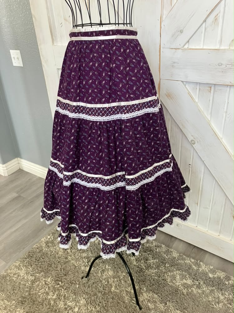 70's Vintage Gunne Sax Jessica's Gunnies Purple Blue Green Leaf Calico Prairie Midi Skirt