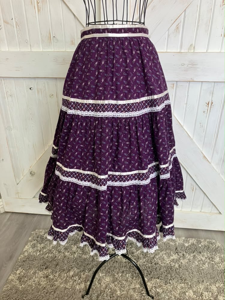 70's Vintage Gunne Sax Jessica's Gunnies Purple Blue Green Leaf Calico Prairie Midi Skirt