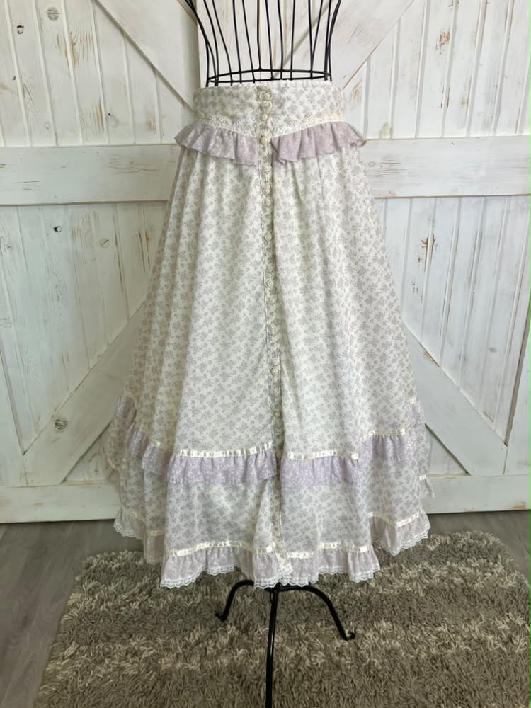 70's Vintage Gunne Sax Jessica's Gunnies Lavender Purple White Calico Prairie Midi Skirt 11