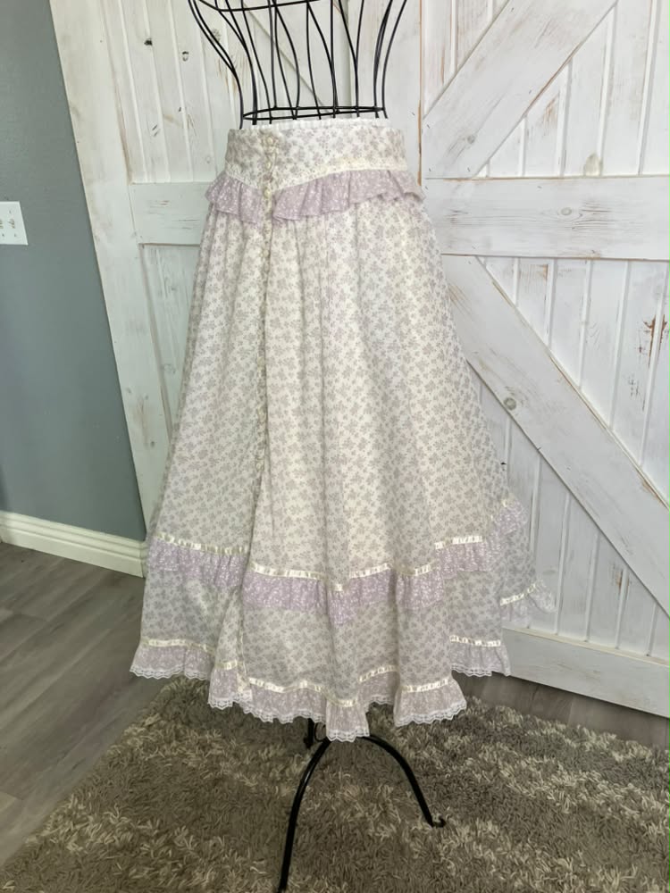 70's Vintage Gunne Sax Jessica's Gunnies Lavender Purple White Calico Prairie Midi Skirt 11