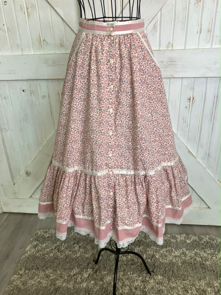 70's Vintage Gunne Sax Jessica's Gunnies Pink Calico Prairie Midi Skirt