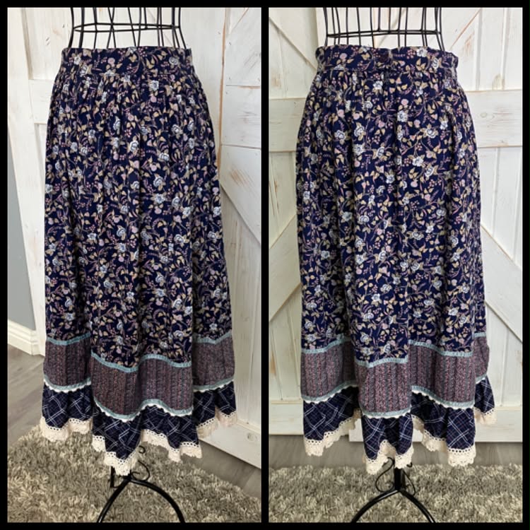 70's Vintage Gunne Sax Jessica's Gunnies Blue White Pink Green Calico Plaid Prairie Midi Skirt 9