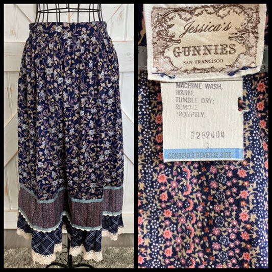 70's Vintage Gunne Sax Jessica's Gunnies Blue White Pink Green Calico Plaid Prairie Midi Skirt 9