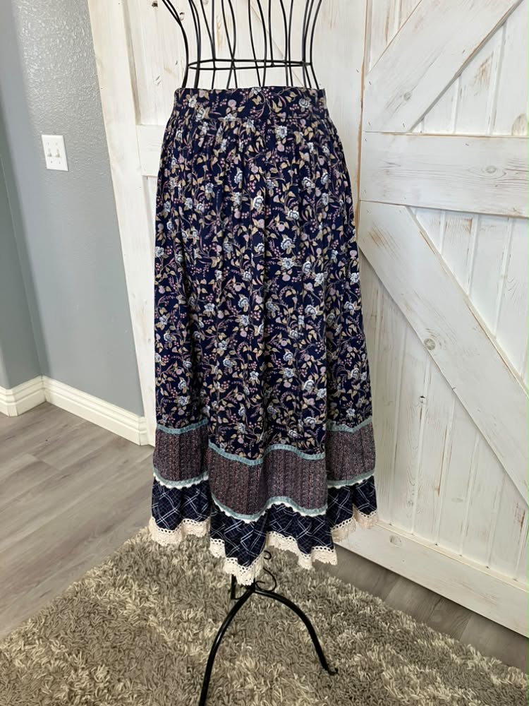 70's Vintage Gunne Sax Jessica's Gunnies Blue White Pink Green Calico Plaid Prairie Midi Skirt 9