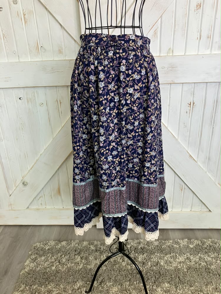 70's Vintage Gunne Sax Jessica's Gunnies Blue White Pink Green Calico Plaid Prairie Midi Skirt 9