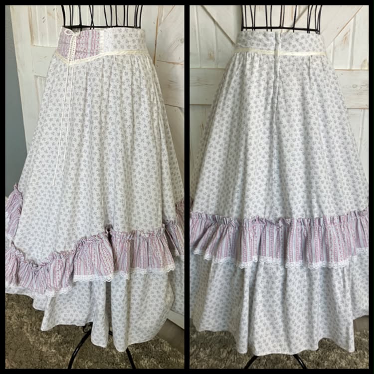 70's Vintage Gunne Sax Jessica's Gunnies Purple White Pink Green Calico Corset Waist Prairie Midi Skirt 11