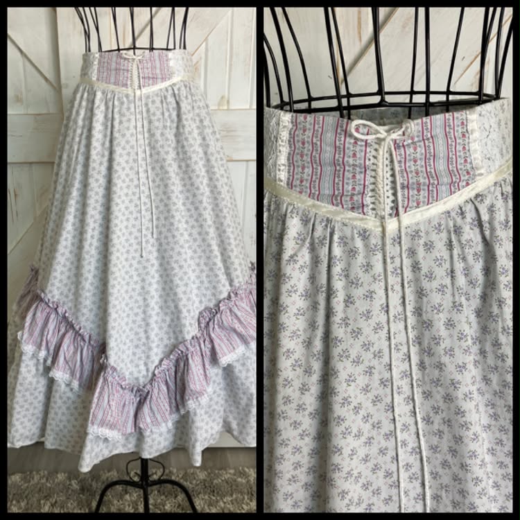 70's Vintage Gunne Sax Jessica's Gunnies Purple White Pink Green Calico Corset Waist Prairie Midi Skirt 11