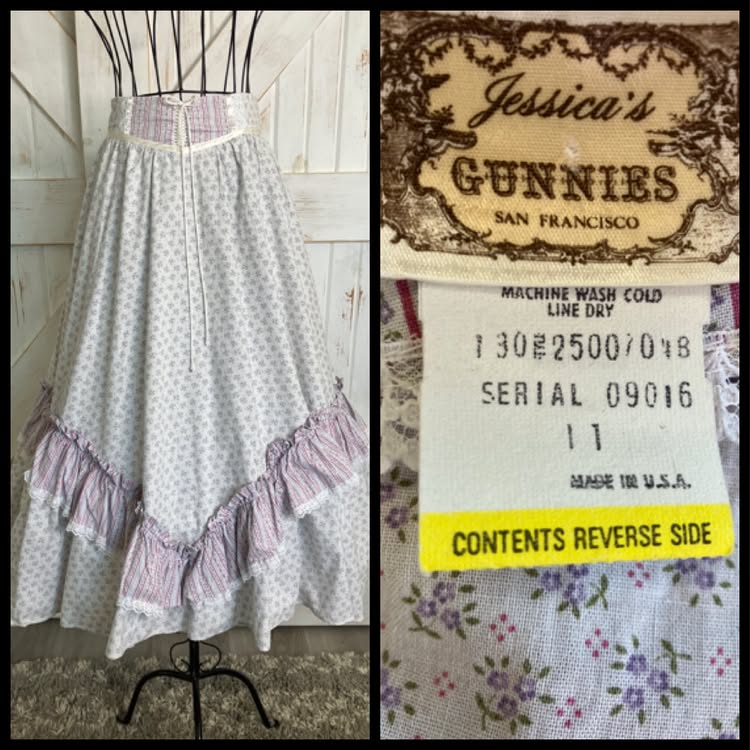 70's Vintage Gunne Sax Jessica's Gunnies Purple White Pink Green Calico Corset Waist Prairie Midi Skirt 11