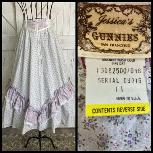70's Vintage Gunne Sax Jessica's Gunnies Purple White Pink Green Calico Corset Waist Prairie Midi Skirt 11