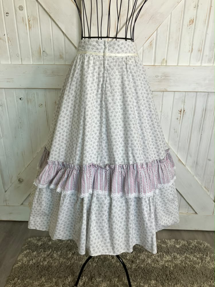 70's Vintage Gunne Sax Jessica's Gunnies Purple White Pink Green Calico Corset Waist Prairie Midi Skirt 11