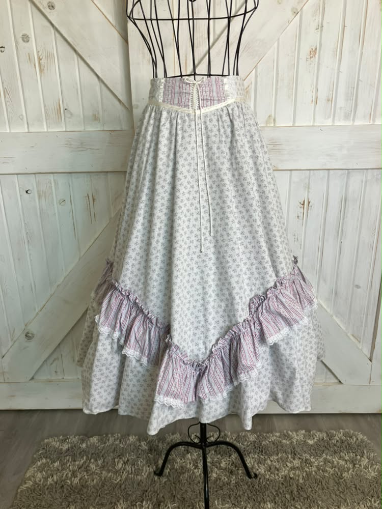 70's Vintage Gunne Sax Jessica's Gunnies Purple White Pink Green Calico Corset Waist Prairie Midi Skirt 11