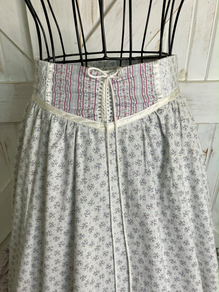 70's Vintage Gunne Sax Jessica's Gunnies Purple White Pink Green Calico Corset Waist Prairie Midi Skirt 11