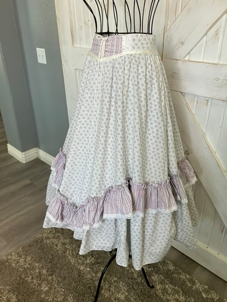 70's Vintage Gunne Sax Jessica's Gunnies Purple White Pink Green Calico Corset Waist Prairie Midi Skirt 11