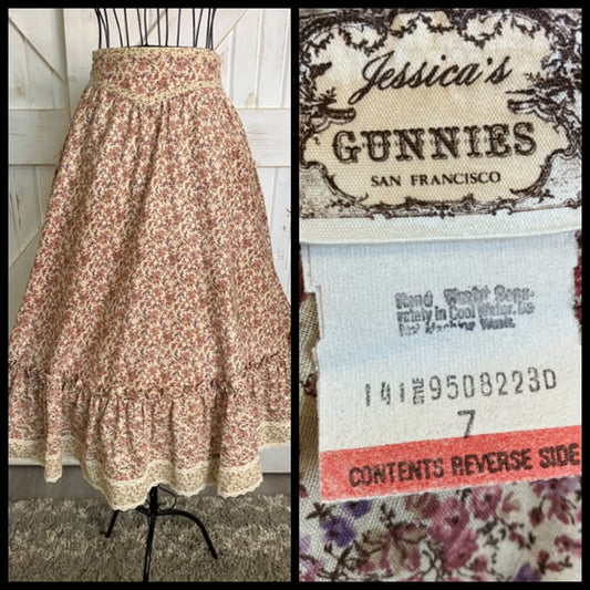70's Vintage Gunne Sax Jessica's Gunnies Pink Purple Calico Prairie Midi Skirt 7