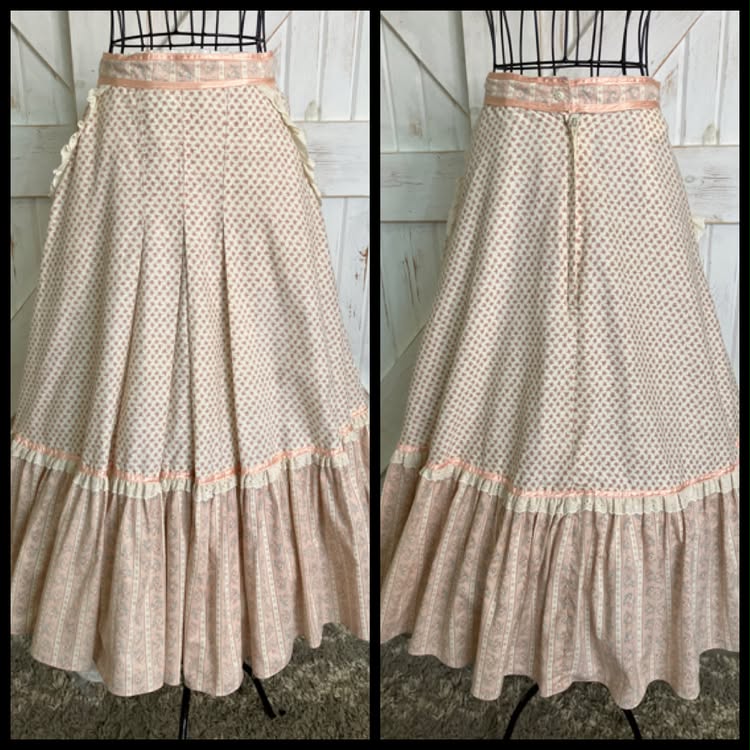 70's Vintage Gunne Sax Jessica's Gunnies Pink White Calico Coquette Prairie Midi Skirt 9