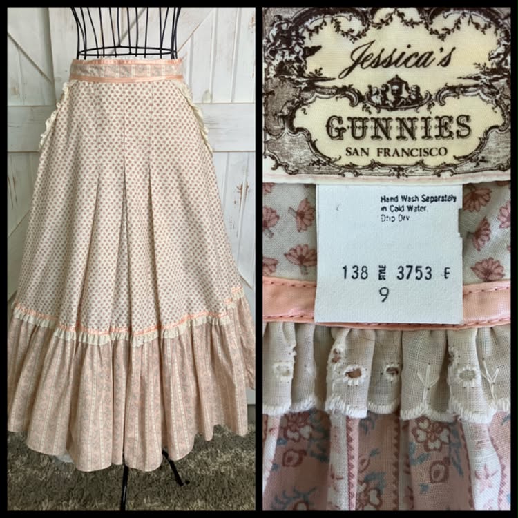 70's Vintage Gunne Sax Jessica's Gunnies Pink White Calico Coquette Prairie Midi Skirt 9