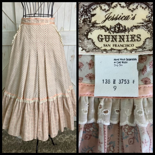 70's Vintage Gunne Sax Jessica's Gunnies Pink White Calico Coquette Prairie Midi Skirt 9