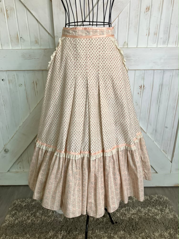 70's Vintage Gunne Sax Jessica's Gunnies Pink White Calico Coquette Prairie Midi Skirt 9