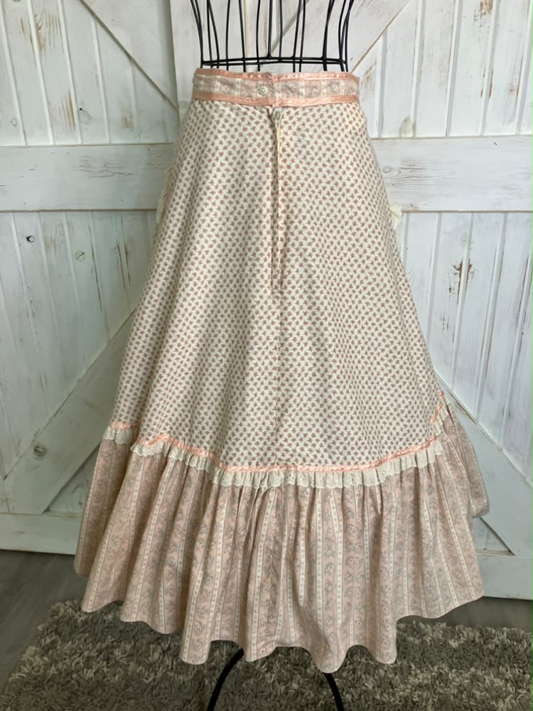 70's Vintage Gunne Sax Jessica's Gunnies Pink White Calico Coquette Prairie Midi Skirt 9