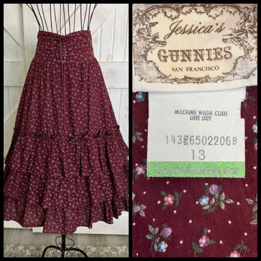 70's Vintage Gunne Sax Jessica's Gunnies Red Calico Corset Waist Prairie Midi Skirt 13