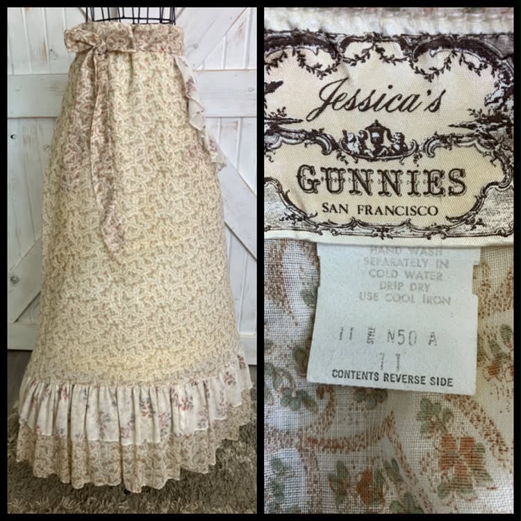 70's Vintage Gunne Sax Jessica's Gunnies Peach Brown Green Blue Calico Prairie Maxi Skirt 11