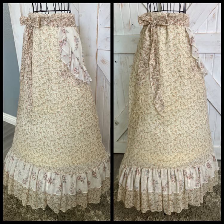 70's Vintage Gunne Sax Jessica's Gunnies Peach Brown Green Blue Calico Prairie Maxi Skirt 11