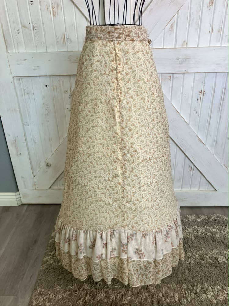 70's Vintage Gunne Sax Jessica's Gunnies Peach Brown Green Blue Calico Prairie Maxi Skirt 11