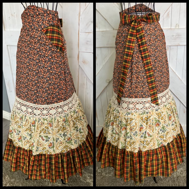 70's Vintage Gunne Sax Jessica's Gunnies Orange Yellow Green Brown Plaid Paisley Calico Prairie Maxi Skirt
