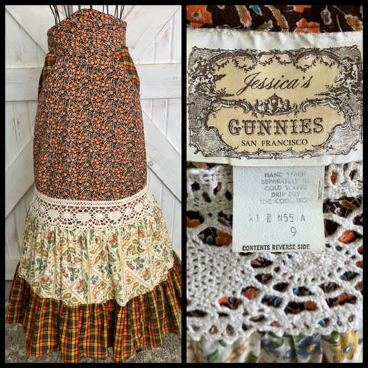 70's Vintage Gunne Sax Jessica's Gunnies Orange Yellow Green Brown Plaid Paisley Calico Prairie Maxi Skirt