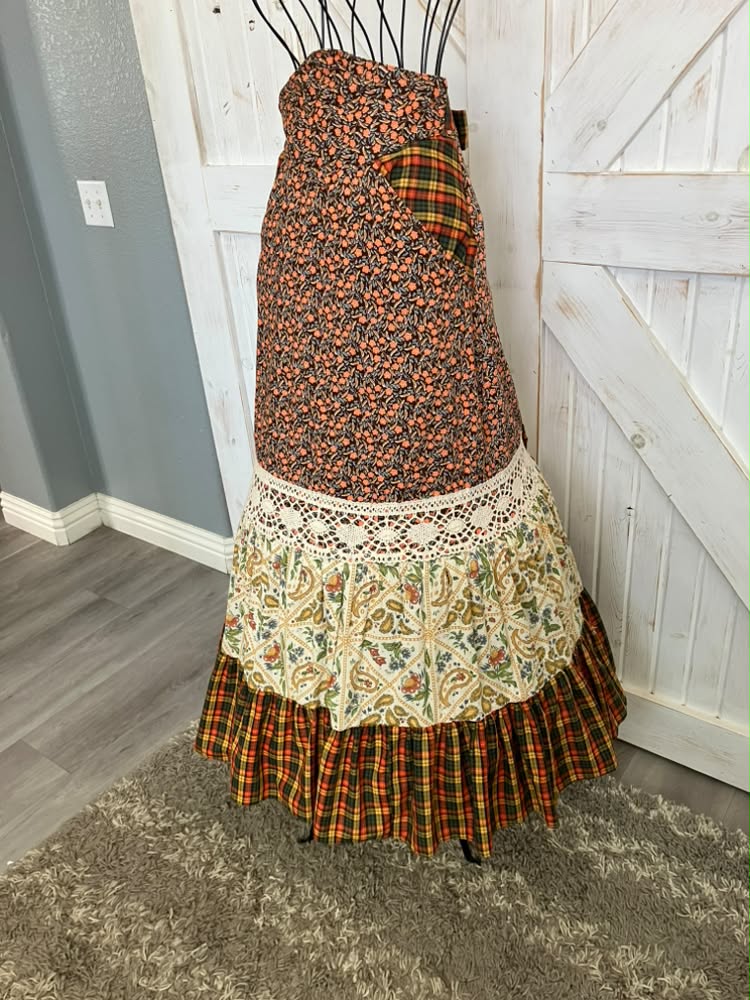 70's Vintage Gunne Sax Jessica's Gunnies Orange Yellow Green Brown Plaid Paisley Calico Prairie Maxi Skirt