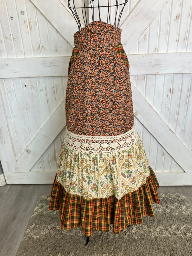 70's Vintage Gunne Sax Jessica's Gunnies Orange Yellow Green Brown Plaid Paisley Calico Prairie Maxi Skirt
