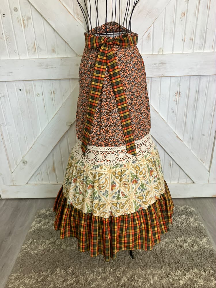 70's Vintage Gunne Sax Jessica's Gunnies Orange Yellow Green Brown Plaid Paisley Calico Prairie Maxi Skirt