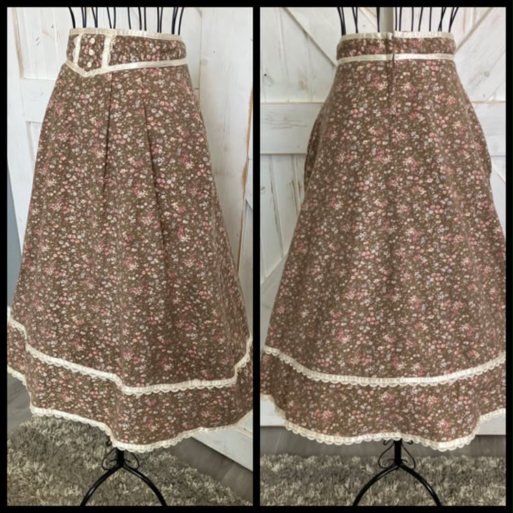 70's Vintage Gunne Sax Jessica's Gunnies Brown White Pink Purple Green Calico Flannel Prairie Midi Skirt 9
