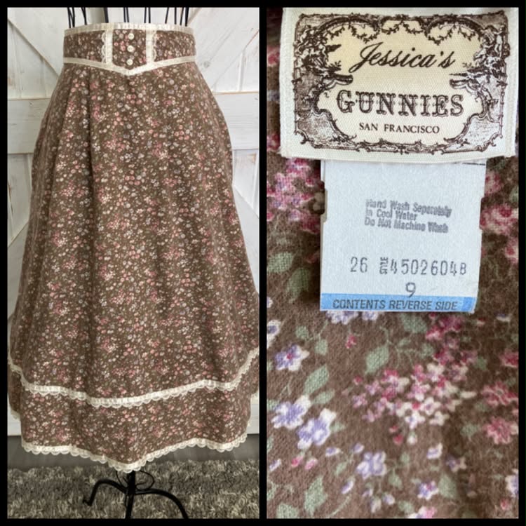 70's Vintage Gunne Sax Jessica's Gunnies Brown White Pink Purple Green Calico Flannel Prairie Midi Skirt 9