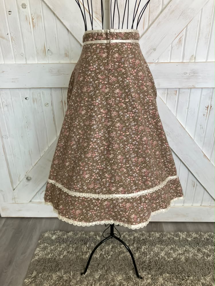 70's Vintage Gunne Sax Jessica's Gunnies Brown White Pink Purple Green Calico Flannel Prairie Midi Skirt 9