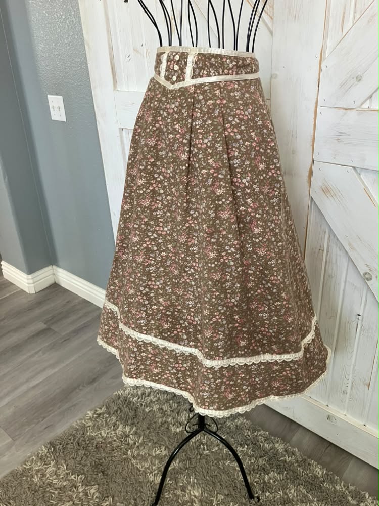 70's Vintage Gunne Sax Jessica's Gunnies Brown White Pink Purple Green Calico Flannel Prairie Midi Skirt 9