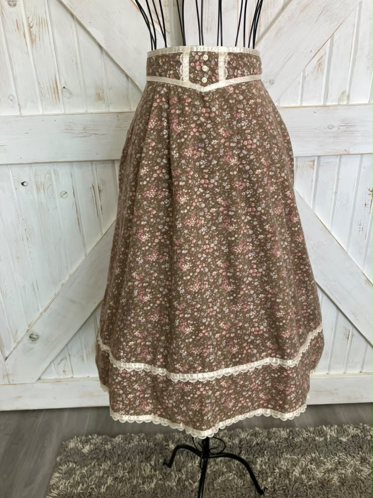 70's Vintage Gunne Sax Jessica's Gunnies Brown White Pink Purple Green Calico Flannel Prairie Midi Skirt 9